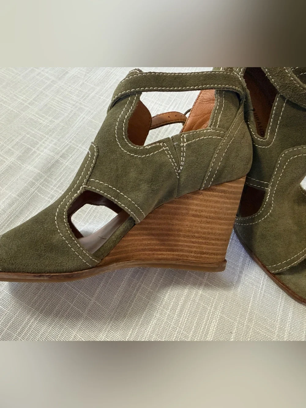 Lucky Brand Olive Green Suede Peep-Toe Wedge Sandals
